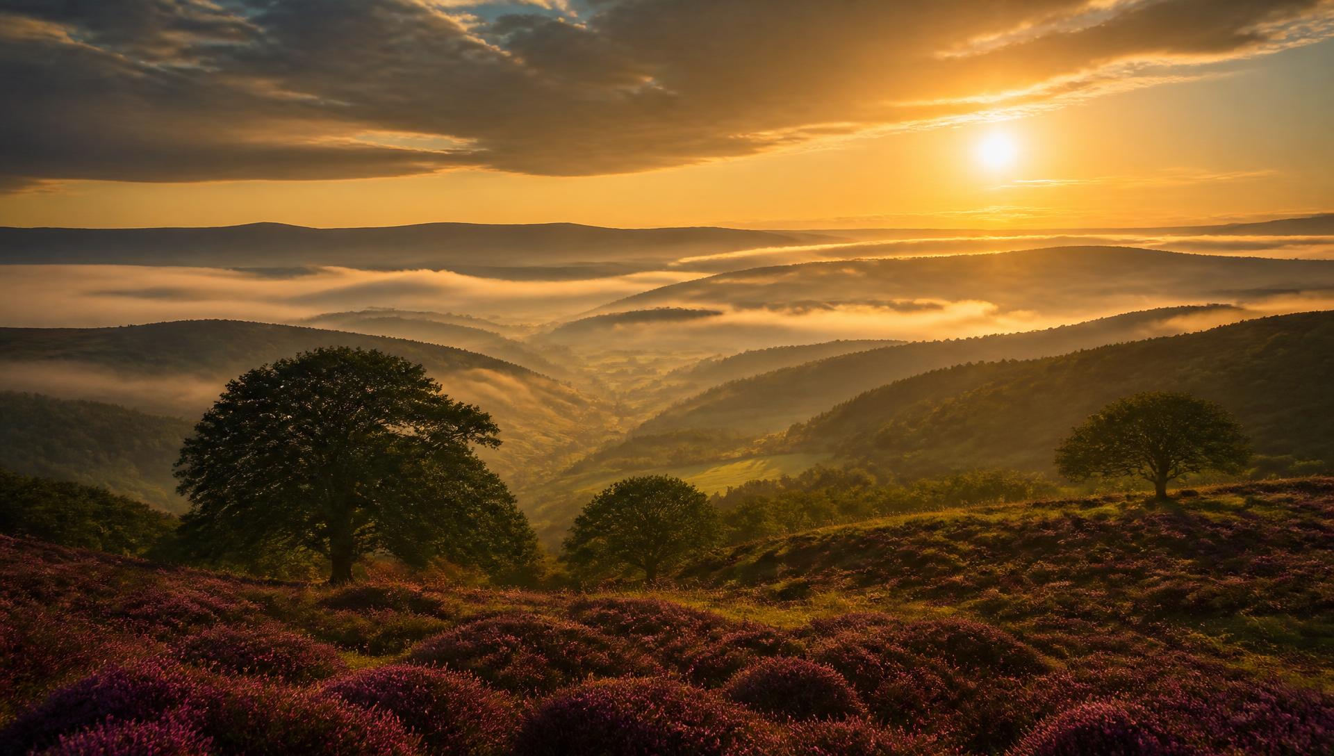 Golden-hour sunlight over misty Wicklow hills with heather in bloom near Danu Lodge